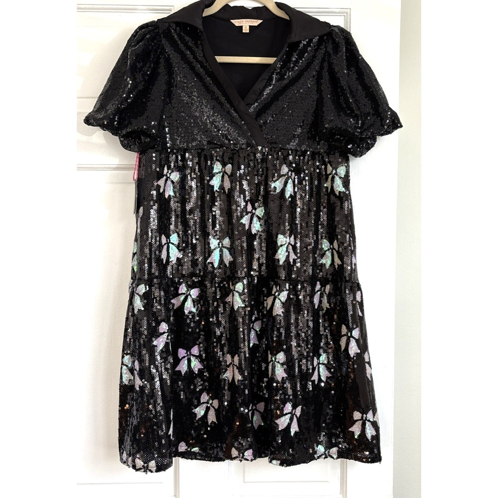 Simply Southern Black Sequin Bow Mini Dress Puff Sleeve 0223-SPARKLE-DRESS-BOW-S